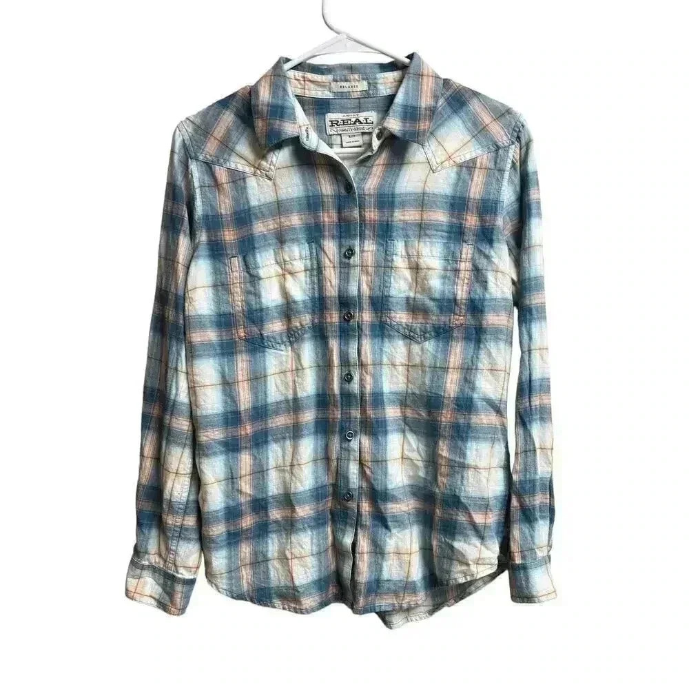Ariat REAL Women's Small Plaid Long Sleeve Button Up Shirt Blue Pink Relaxed Fit
